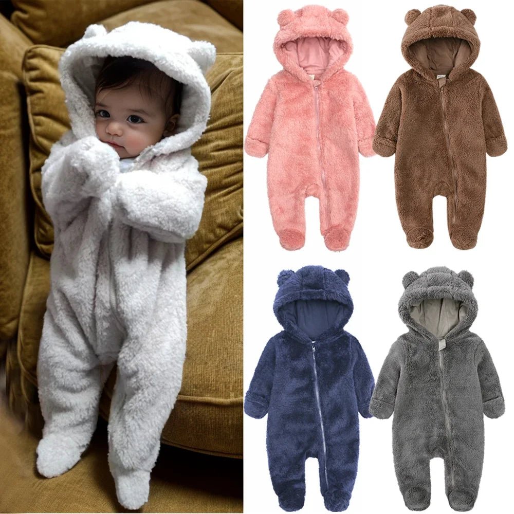 New born Baby Winter Fleece Romper Solid Hooded Thick Infant Outfits For 0 - 24M Casual Jumpsuit Boy Girl Warm Clothes - Ammpoure Wellbeing