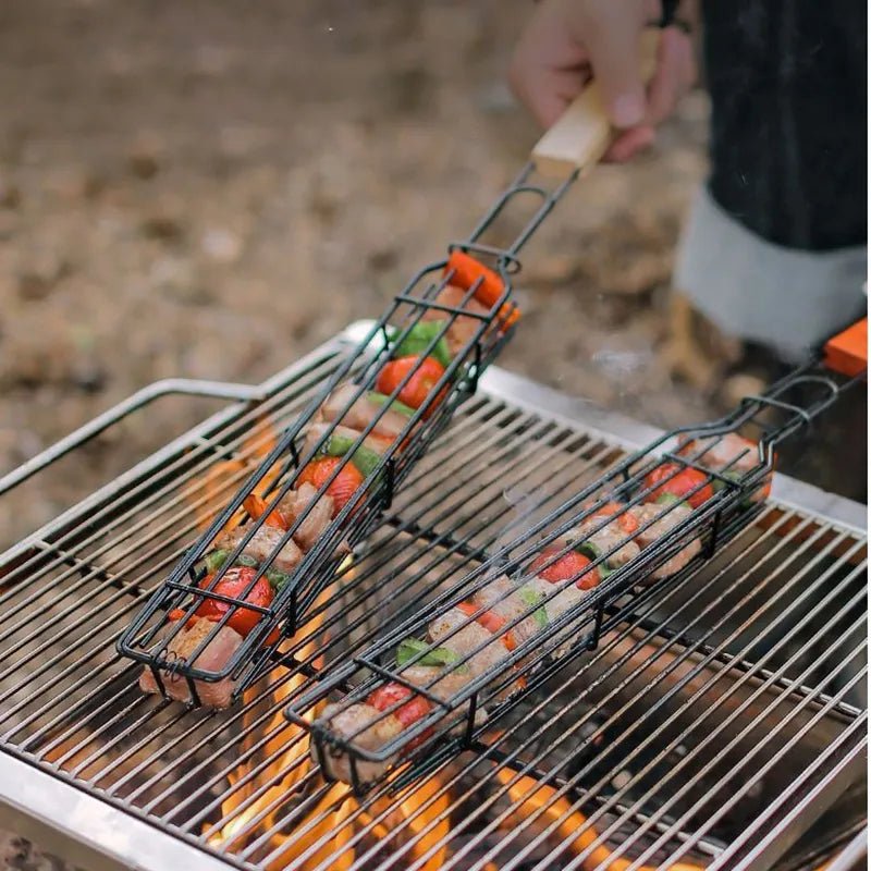 Outdoor Wooden Handle Barbecue Cage Camping Meat and Vegetable Barbecue Net Rack Picnic Barbecue Tools - Ammpoure Wellbeing