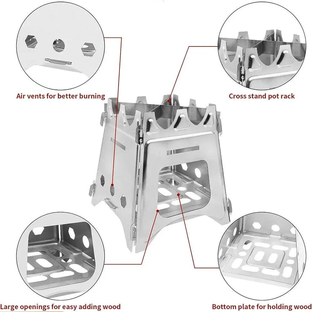 Portable Camping Wood Stove with Stainless Steel Folding Lightweight Firewood Stove For Outdoor Hiking Traveling BBQ Picnic - Ammpoure Wellbeing