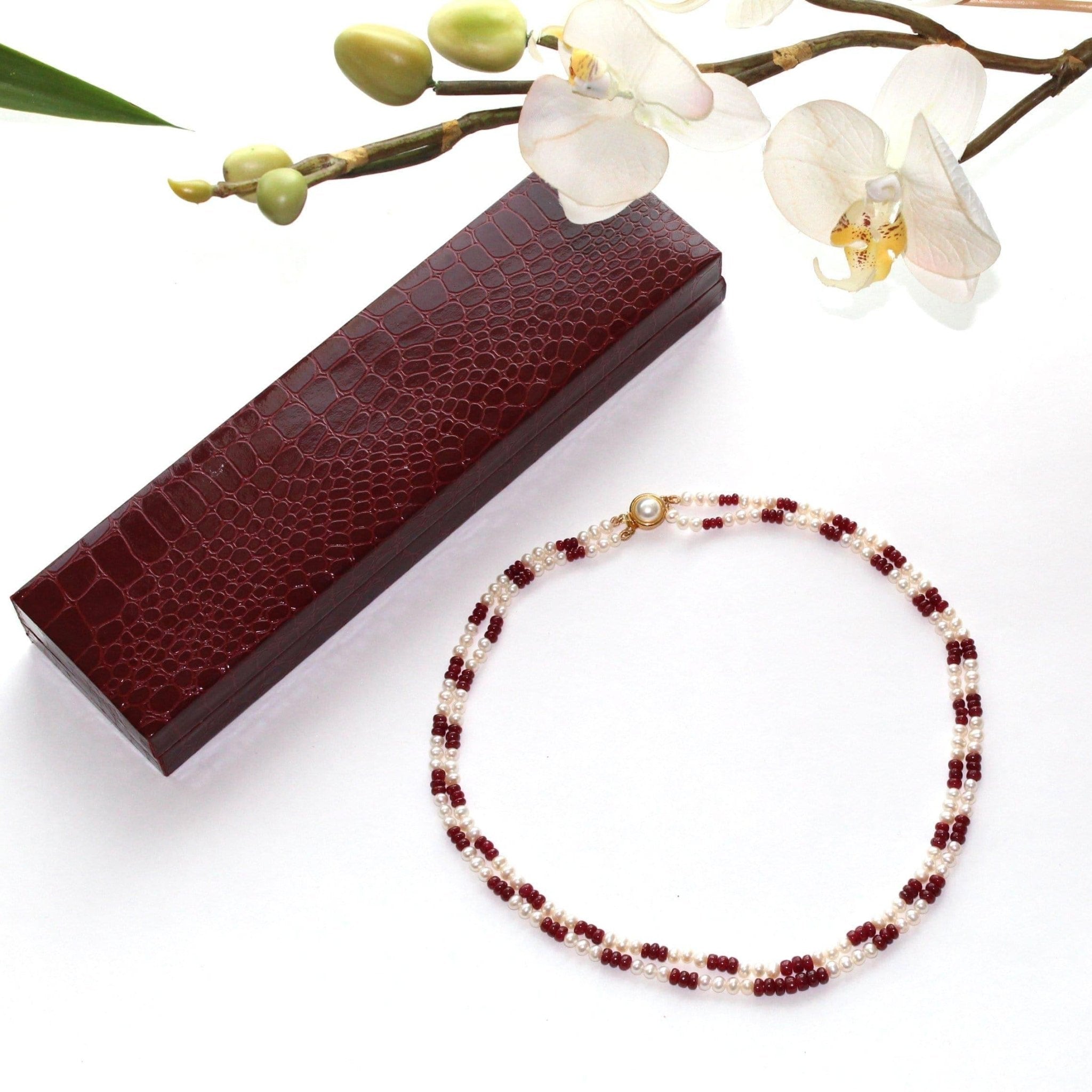 Precious Stones White Pearl & Ruby Necklace (Double Strand) - Ammpoure Wellbeing