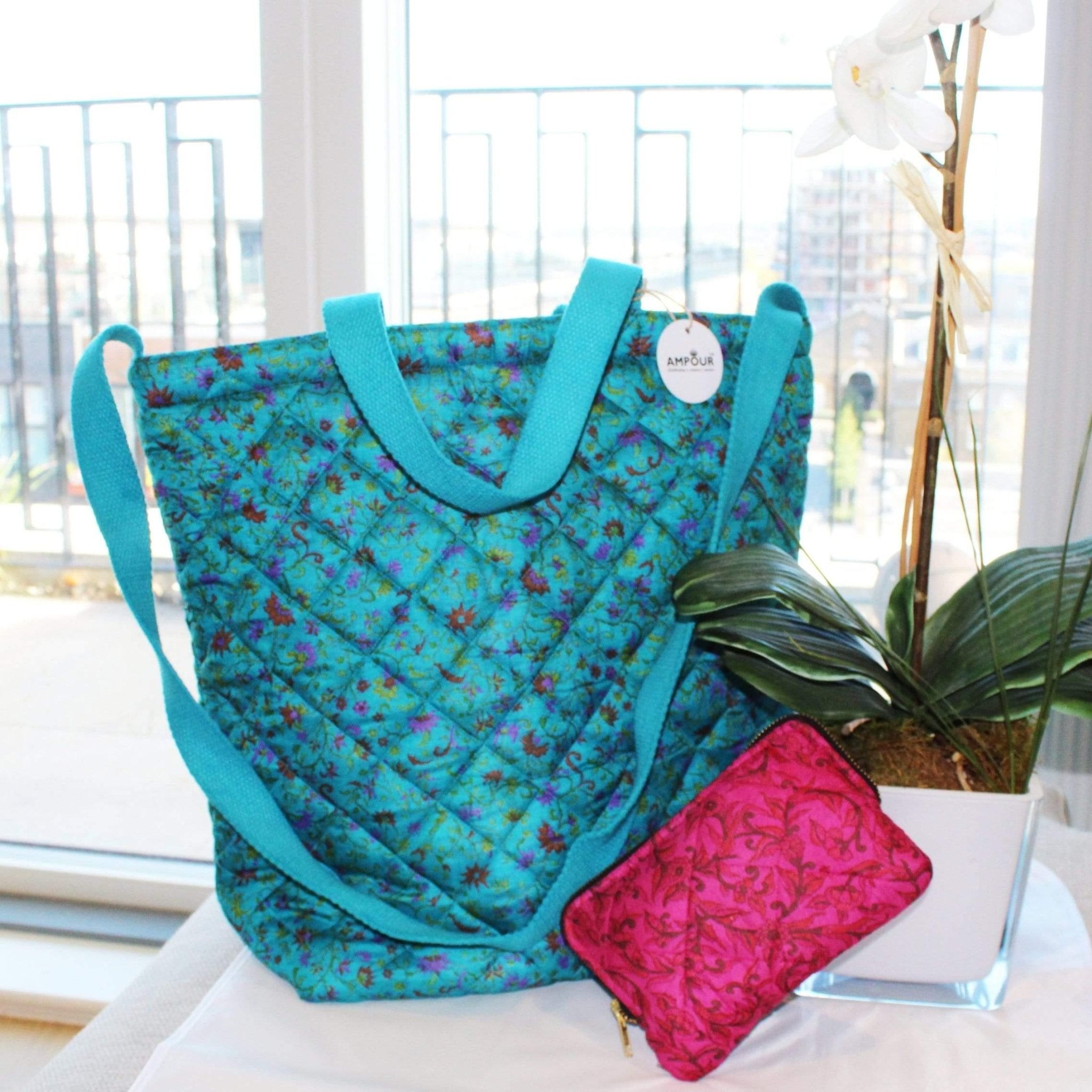 Premium Recycled Silk Make - up Bag + Recycled Silk Tote Bag (One - Off Print) - Ammpoure Wellbeing