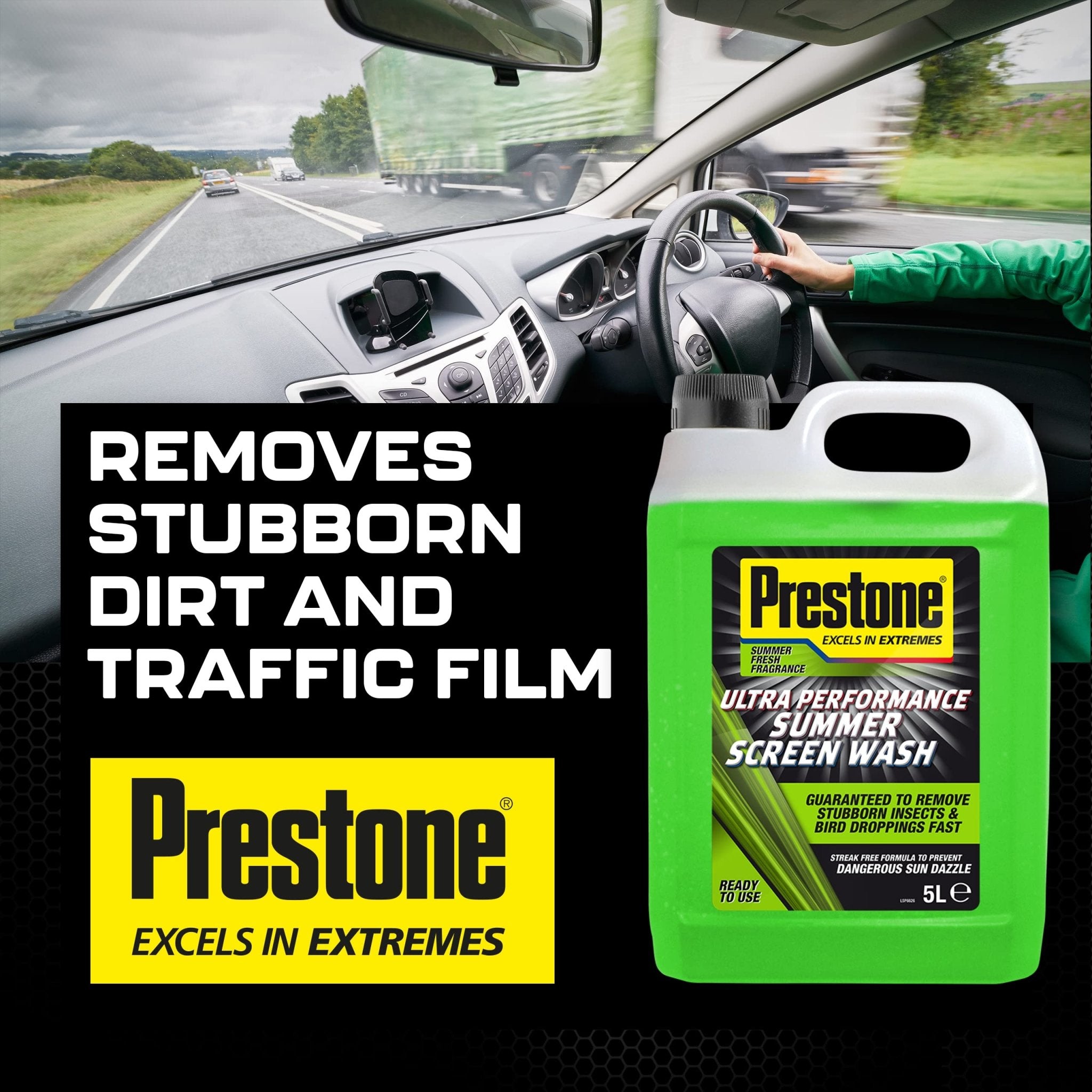 Prestone Screenwash, Ready To Use Screen Wash For Cars, High Performance Cleaning With Streak Free Formula, Maximum Visibility Summer Windscreen Washer Fluid, Removes Stubborn Dirt, 5L Bottle - Ammpoure Wellbeing
