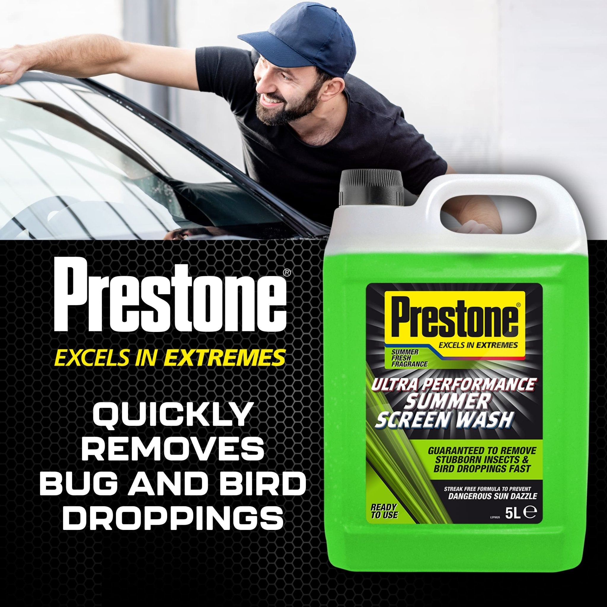 Prestone Screenwash, Ready To Use Screen Wash For Cars, High Performance Cleaning With Streak Free Formula, Maximum Visibility Summer Windscreen Washer Fluid, Removes Stubborn Dirt, 5L Bottle - Ammpoure Wellbeing