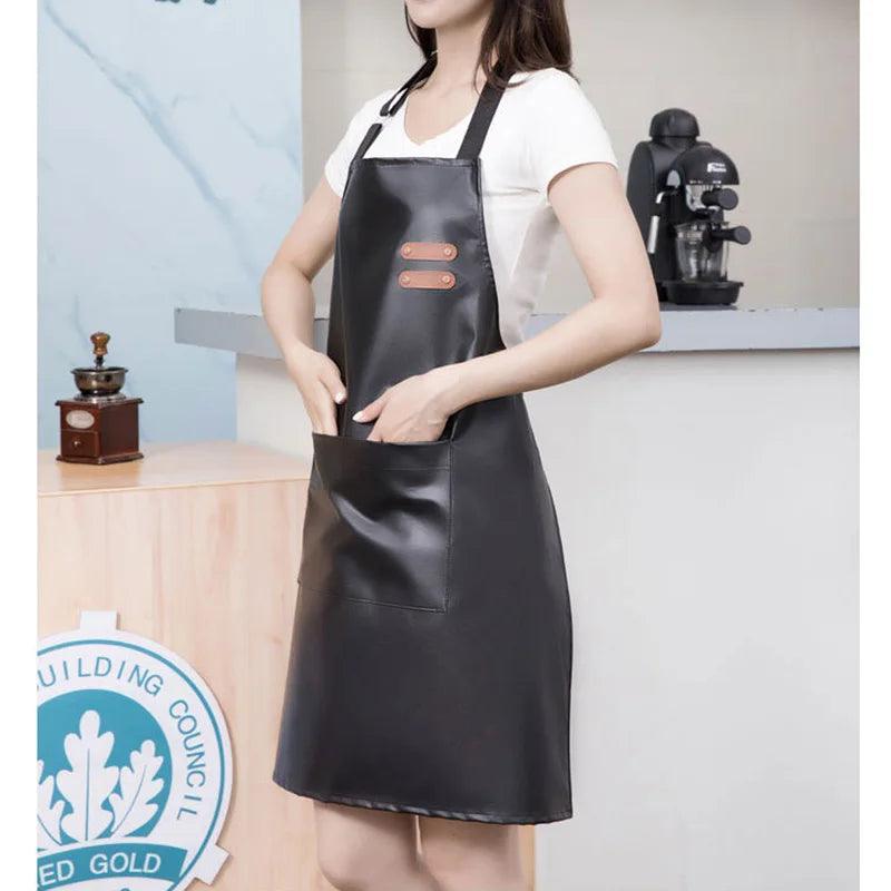 PU Leather Waterproof and Oil Resistant Apron Kitchen Workwear Home Cooking Cleaning Unisex Sleeveless Apron Adjustable - Ammpoure Wellbeing