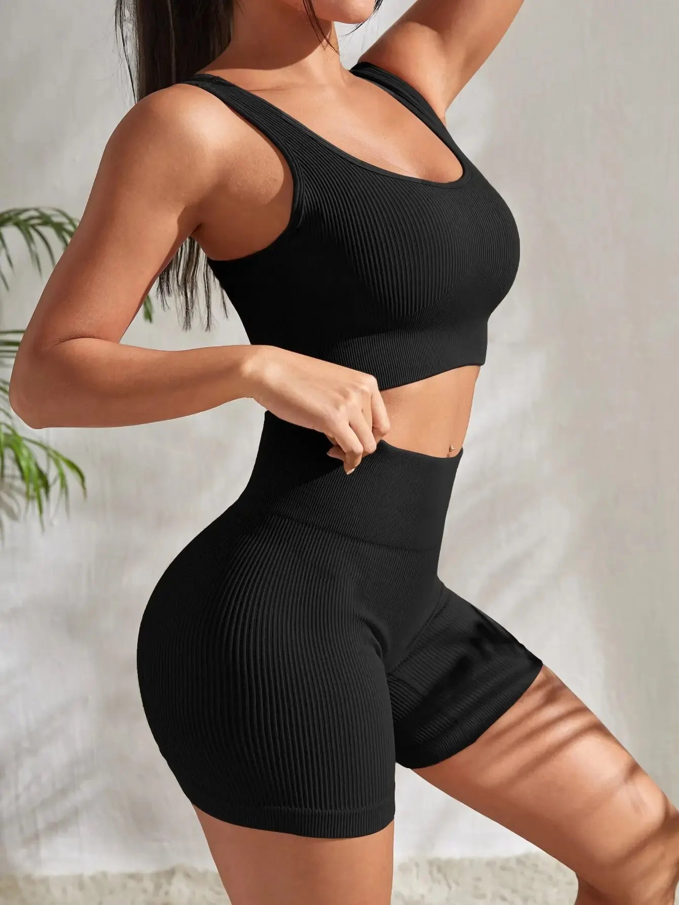 Seamless Ribbed Yoga Sets Workout Sets for Women 2 Pieces Gym Suits Ribbed Crop Tank High Waist Shorts Outfits Fitness Running - Ammpoure Wellbeing