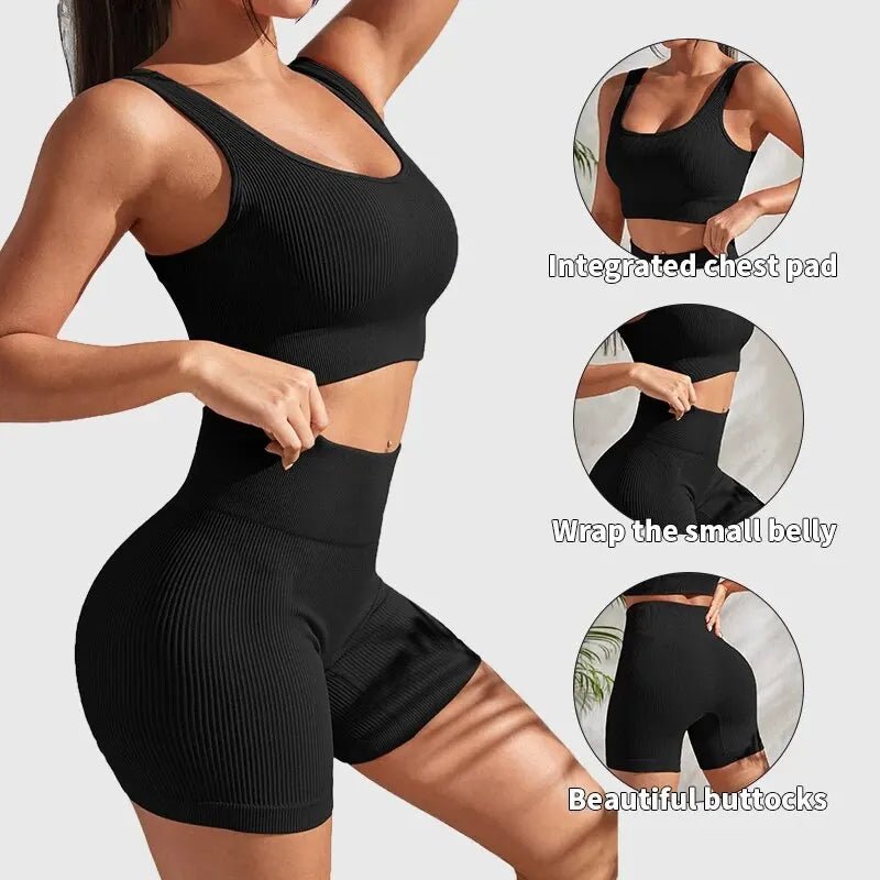 Seamless Ribbed Yoga Sets Workout Sets for Women 2 Pieces Gym Suits Ribbed Crop Tank High Waist Shorts Outfits Fitness Running - Ammpoure Wellbeing