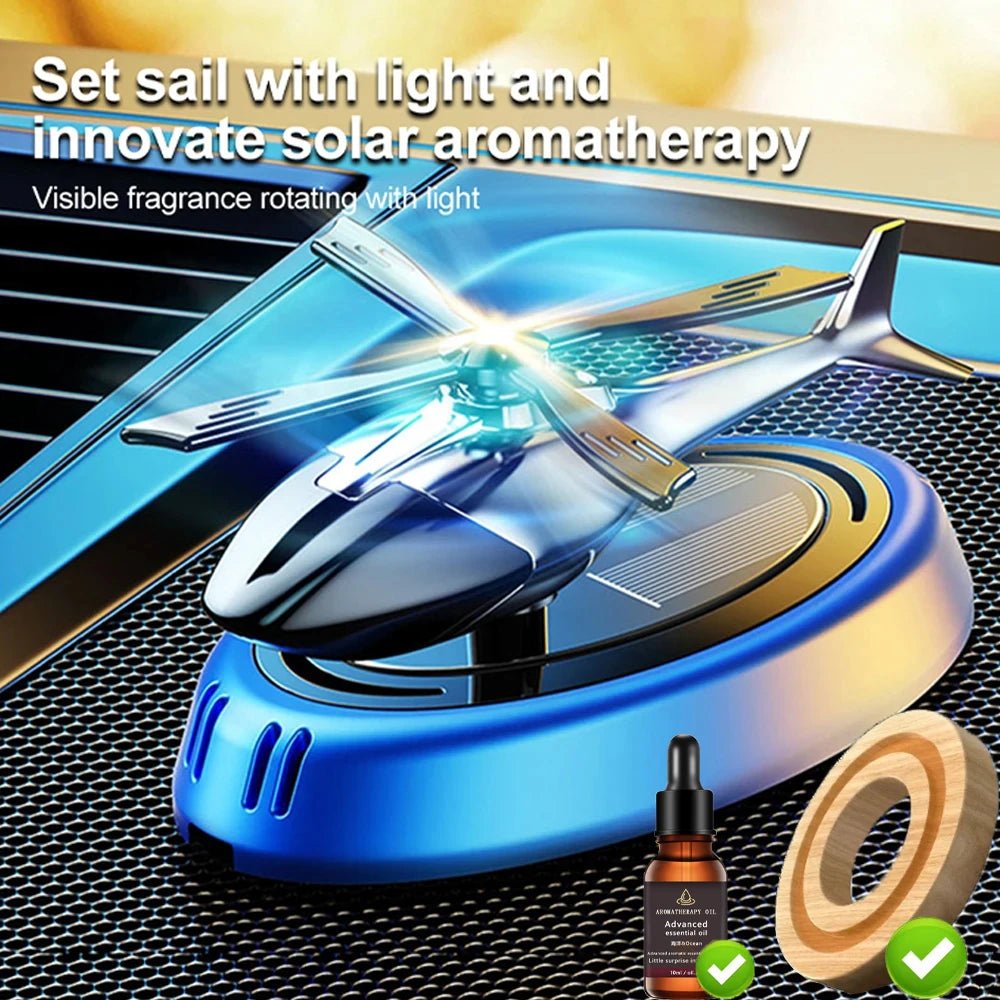 Solar Powered Rotation Helicopter Solar Aromatherapy Car Air Freshener Alloy+ABS Wooden Fragrance Auto Aroma Diffuser - Ammpoure Wellbeing