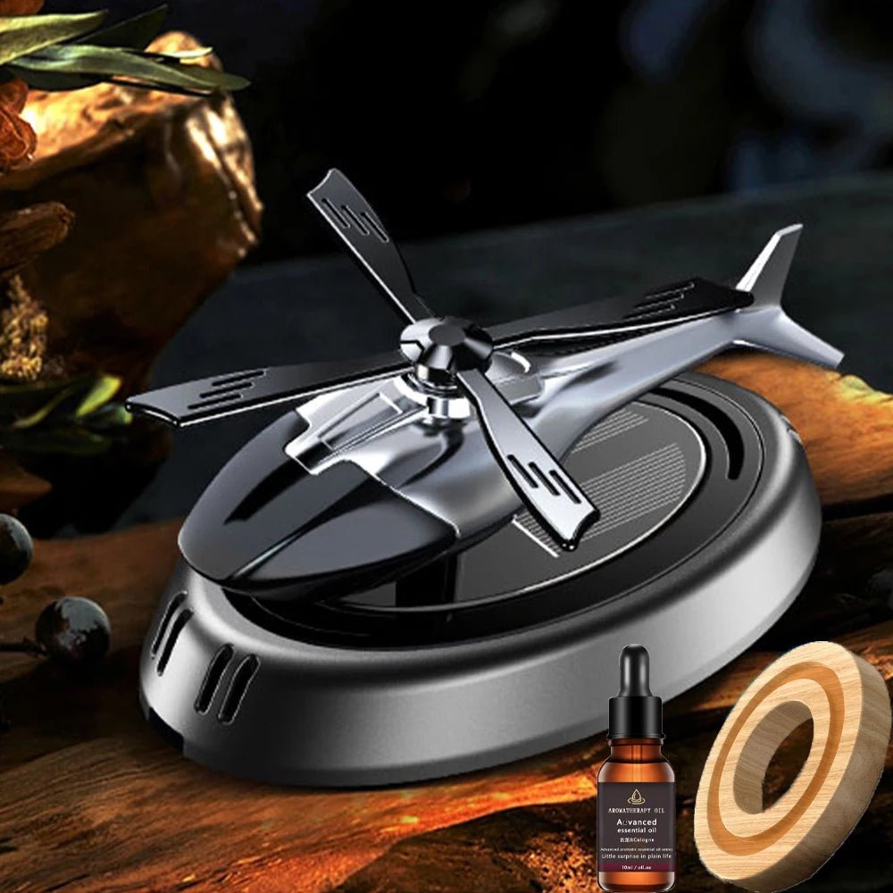 Solar Powered Rotation Helicopter Solar Aromatherapy Car Air Freshener Alloy+ABS Wooden Fragrance Auto Aroma Diffuser - Ammpoure Wellbeing