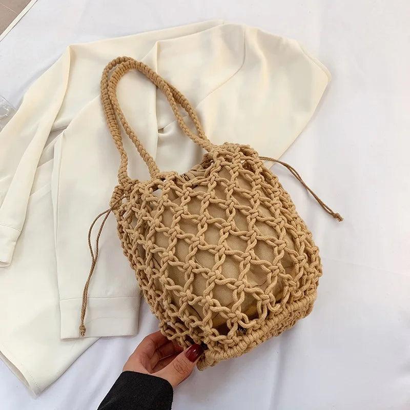 Summer Beach Bag For Women Mesh Rope Knitted Bucket Shoulder Bags Reticulate Hollow Travel Shopper Totes Ladies Fashion Handbag - Ammpoure Wellbeing