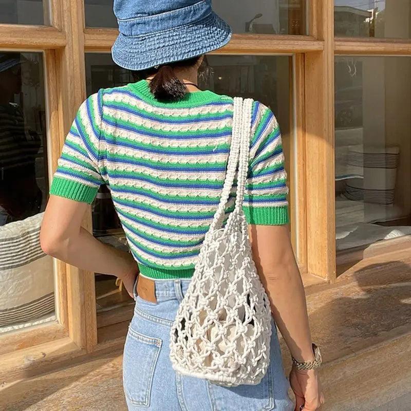 Summer Beach Bag For Women Mesh Rope Knitted Bucket Shoulder Bags Reticulate Hollow Travel Shopper Totes Ladies Fashion Handbag - Ammpoure Wellbeing