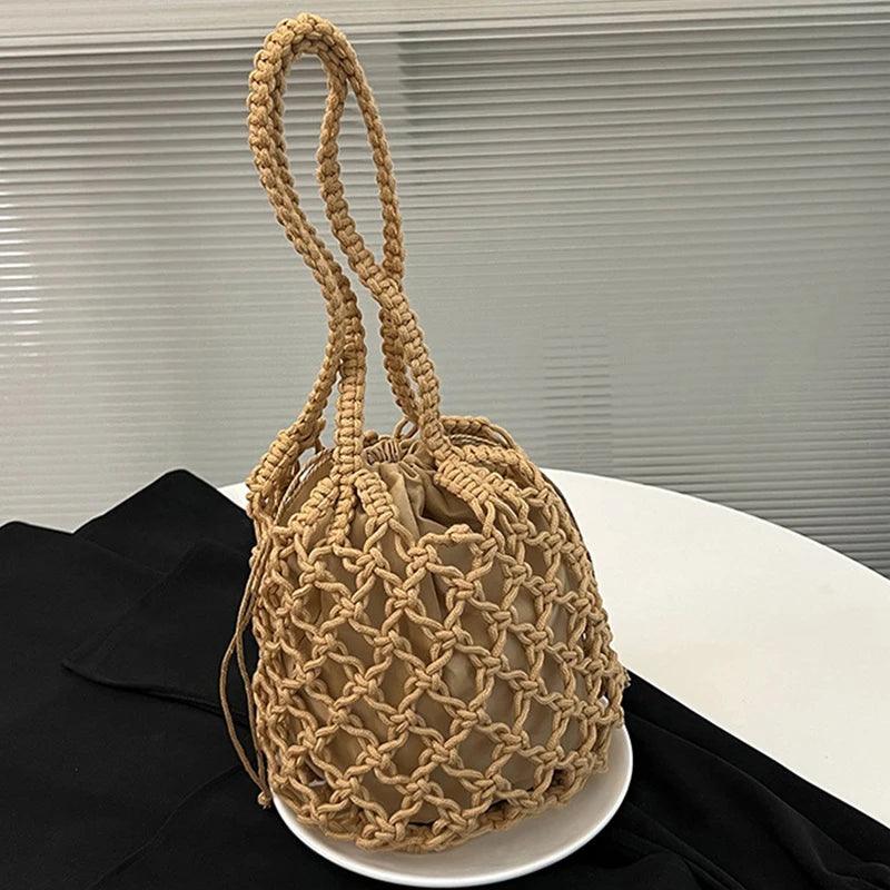 Summer Beach Bag For Women Mesh Rope Knitted Bucket Shoulder Bags Reticulate Hollow Travel Shopper Totes Ladies Fashion Handbag - Ammpoure Wellbeing