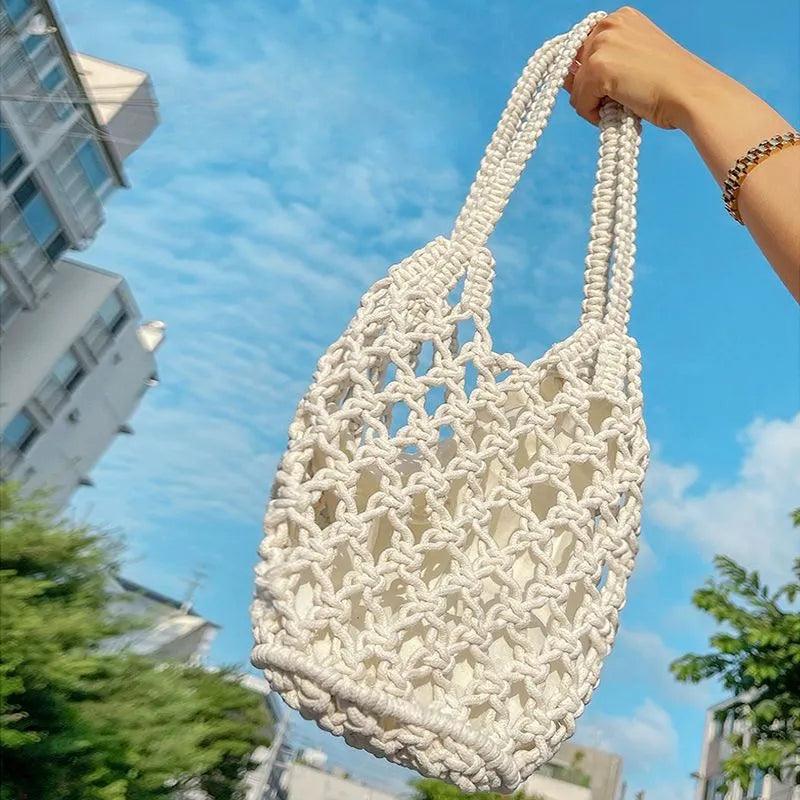 Summer Beach Bag For Women Mesh Rope Knitted Bucket Shoulder Bags Reticulate Hollow Travel Shopper Totes Ladies Fashion Handbag - Ammpoure Wellbeing