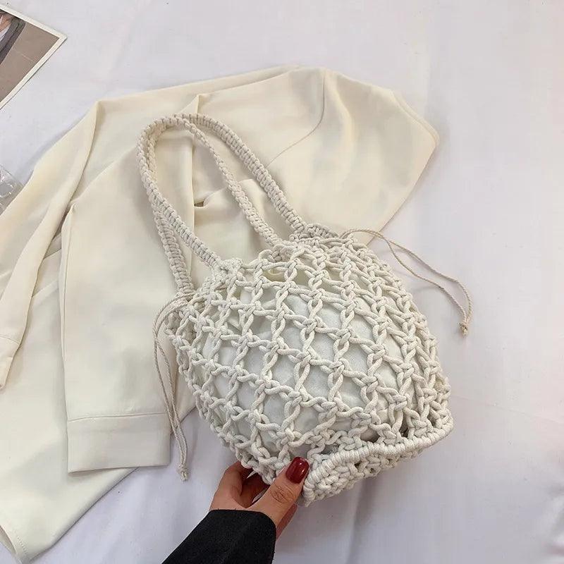 Summer Beach Bag For Women Mesh Rope Knitted Bucket Shoulder Bags Reticulate Hollow Travel Shopper Totes Ladies Fashion Handbag - Ammpoure Wellbeing