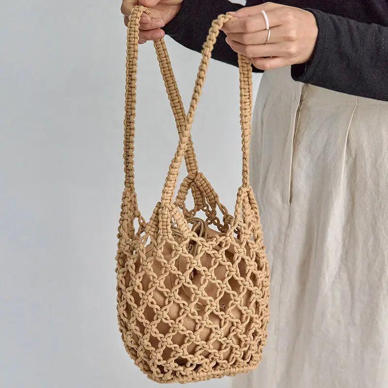 Summer Beach Bag For Women Mesh Rope Knitted Bucket Shoulder Bags Reticulate Hollow Travel Shopper Totes Ladies Fashion Handbag - Ammpoure Wellbeing