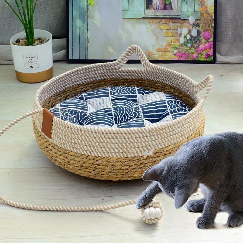 Summer Cat Bed Woven Removable Upholstery Sleeping House Cat Scratch Floor Rattan Wear - resistant Washable Cat Pet Supplies - Ammpoure Wellbeing