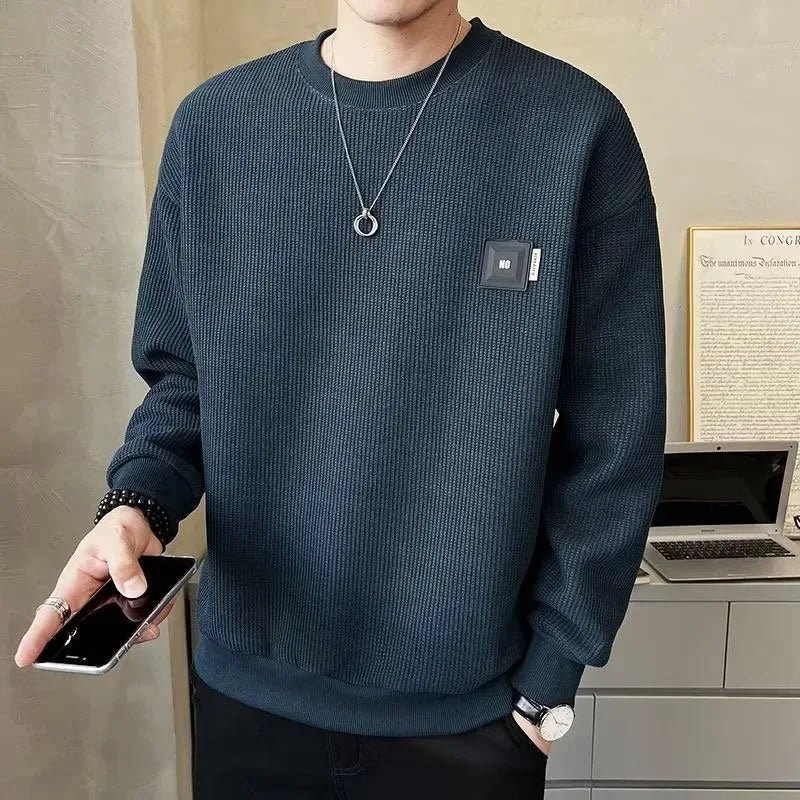 Trendy Solid Color Sweatshirt Men's Loose Fit Casual Autumn Collection Round Neck Sweatshirt For Men Spring Autumn - Ammpoure Wellbeing