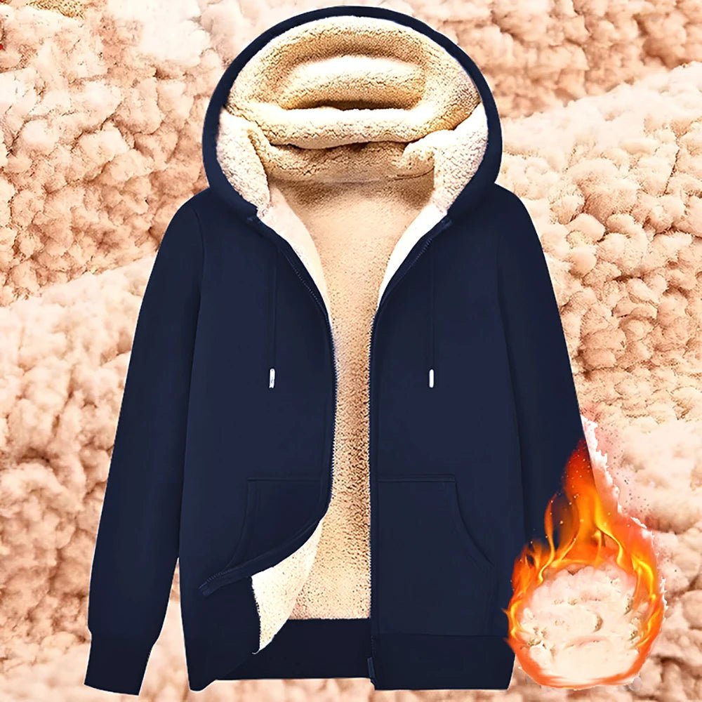 Trendy Sweatshirt Coat Front Pockets Warm Zipper Lamb Wool Jacket Men and Woman Winter Pure Color Plush Lined Cardigan Hoodie - Ammpoure Wellbeing