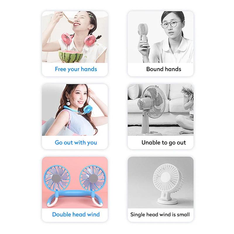 USB Portable Fan Cold Fan Hands Free Neck Fan Hanging Rechargeable Mini Sports Fan 3 - Speed Adjustable Neck Dual Fan Home Office - Ammpoure Wellbeing