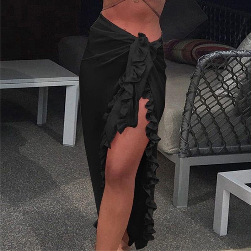 Women Chiffon See - Through Beach Bikini Cover Up Wrap Scarf Swimwear Pareo Sarong Dress Solid Ruffle Casual Beach Dress - Ammpoure Wellbeing